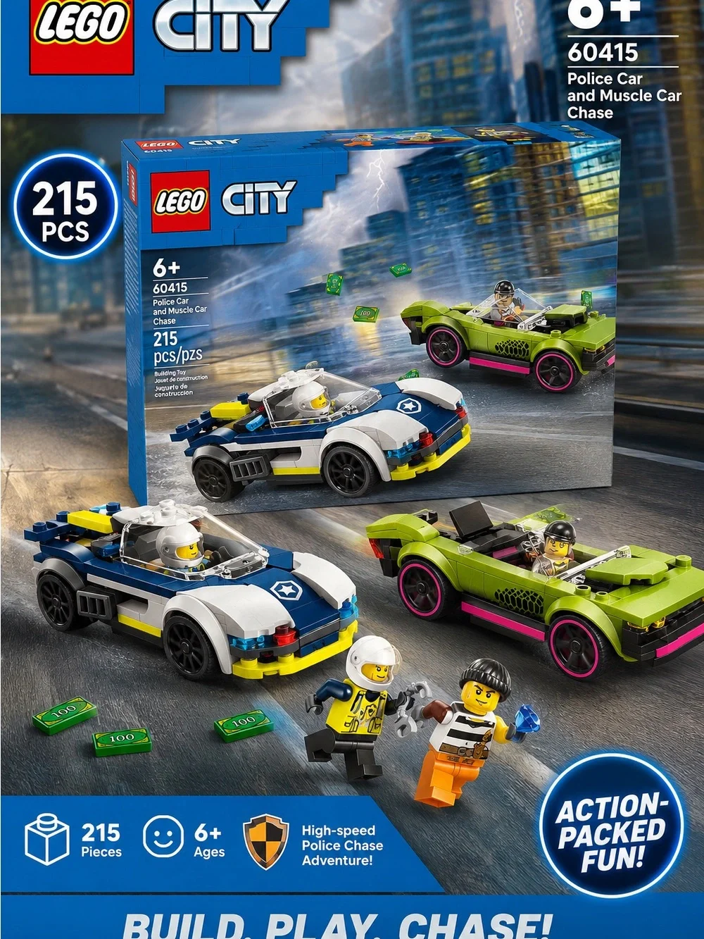 LEGO City Blue, White, Yellow & Green Police vs Muscle Car Chase
